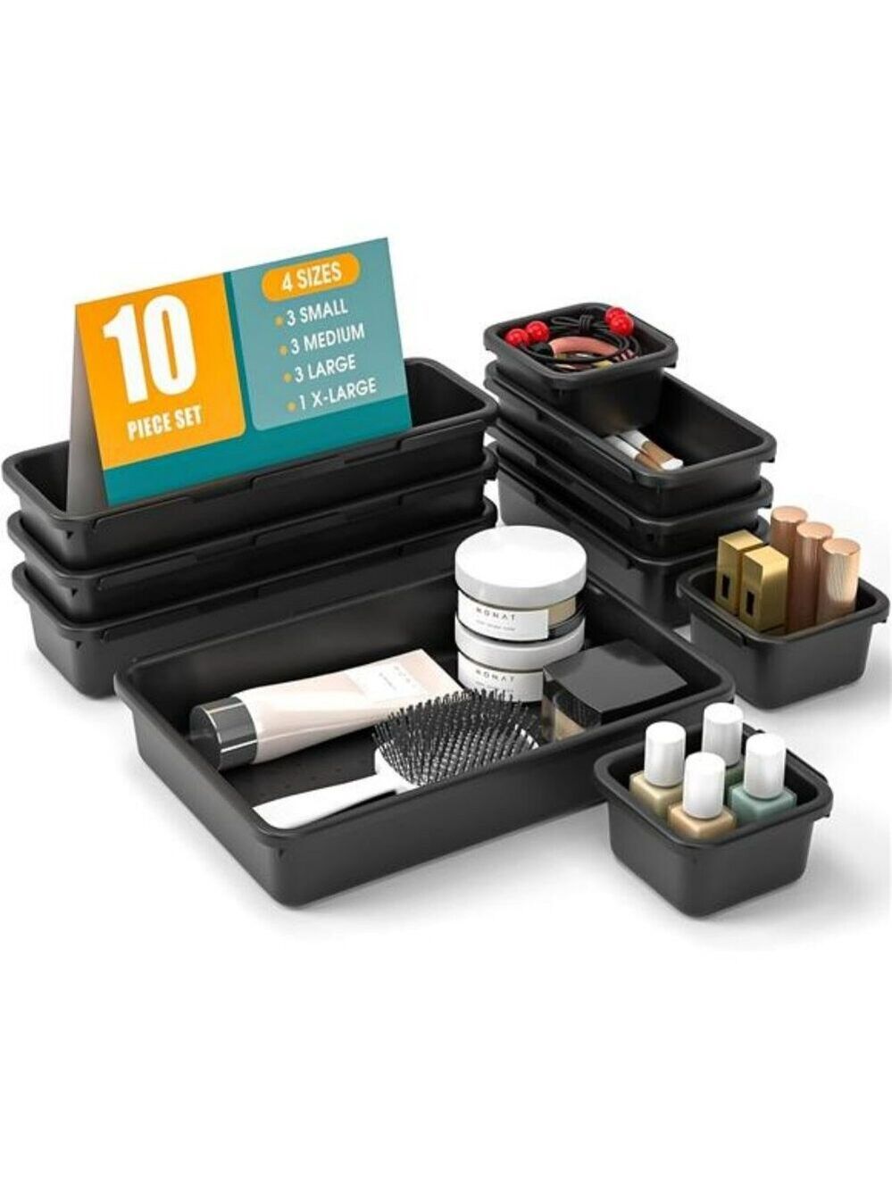 10 Piece Black Drawer Organizer Set for Makeup Office Bathroom Vanity Storage